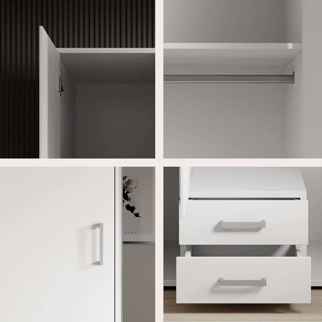 Stella Trading KARL Eleganter Kleiderschrank 3-türig mit viel Stauraum - Vielseitiger Drehtürenschrank in Weiß mit Spiegeltür - 120 x 195 x 55 cm (B/H/T)