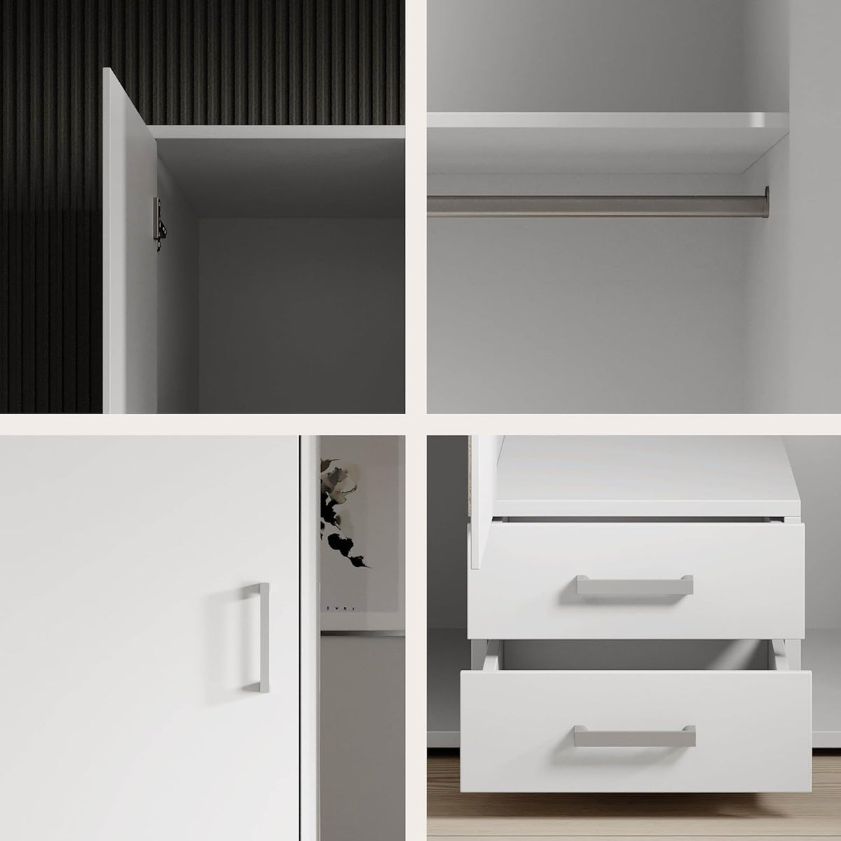 Stella Trading KARL Eleganter Kleiderschrank 3-türig mit viel Stauraum - Vielseitiger Drehtürenschrank in Weiß mit Spiegeltür - 120 x 195 x 55 cm (B/H/T)