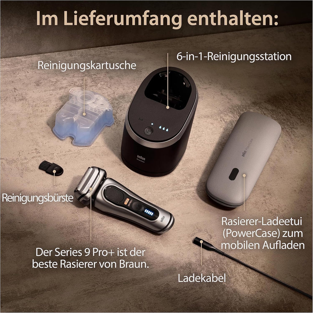 Braun Series 9 Pro+ Rasierer Herren, Elektrorasierer mit 5 Pro Rasierelementen, Langhaarschneider & Reinigungsstation, Rasierer-Ladeetui PowerCase, 60 Min Laufzeit, Made in Germany, 9577cc, Silber