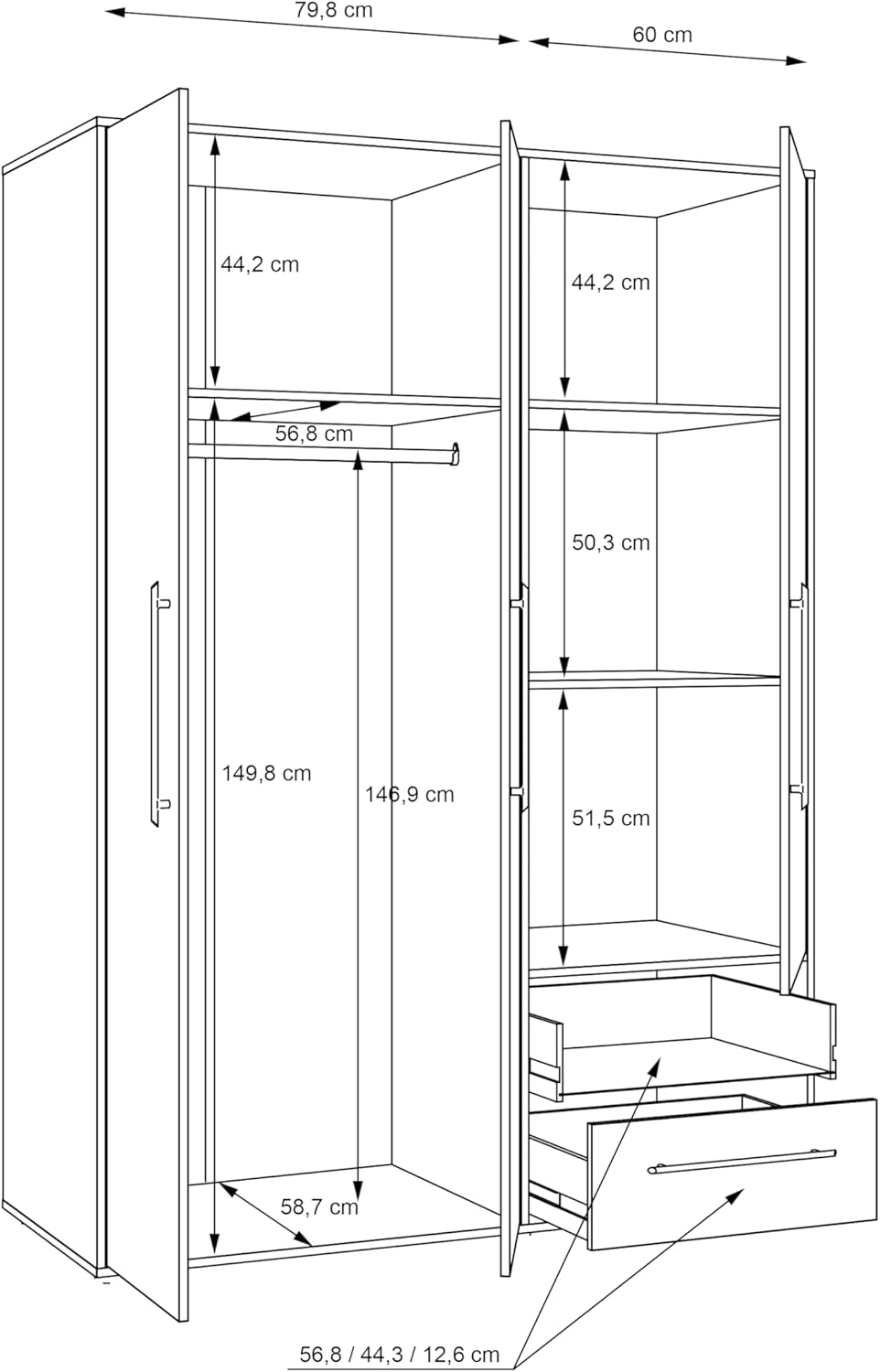 FORTE Jupiter Schrank 140 150, weißer Kleiderschrank, Drehtürenschrank, 3-türig, mit 2 Schubladen und Einlegeböden, Weiß, 145 cm breit x 59 cm tief x 200 cm hoch