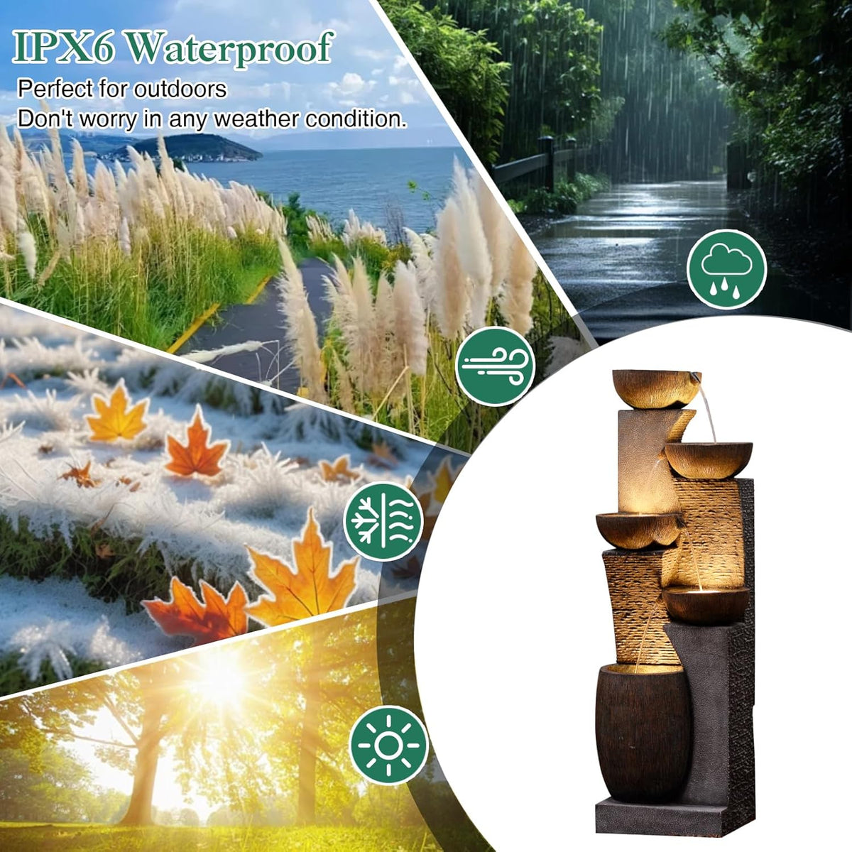Bumilgar Großer Gartenbrunnen Springbrunnen für Außen mit LED Beleuchtung, 5-stufiger Wasserspiel Wasserfall Brunnen für Garten,Balkon,Terrasse,134x46x37 cm