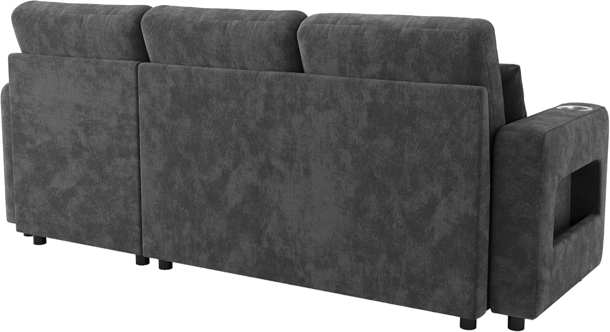 Merax Sofa Ecksofa mit Schlaffunktion und Bettkasten, Praktisches Schlafsofa mit Stauraum, LED-Beleuchtung, USB/Typ-C und 2 Getränkehalter, Ausziehbares Schlafcouch L-Form, Chenille Stoff, Grau