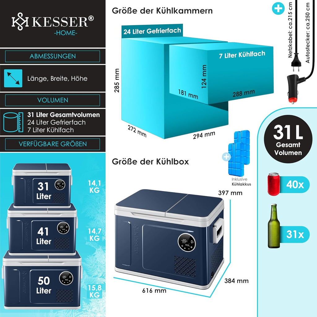 KESSER® Kompressor Kühlbox 2in1 Doppelzone Kühl & Gefrierfach elektrische Gefrierbox mit 2x Kühlakkus & LED-Touch-Bedienung | Kühlschrank Kühlung bis -20 °C für Camping, Auto, Lkw 12/24V 230V