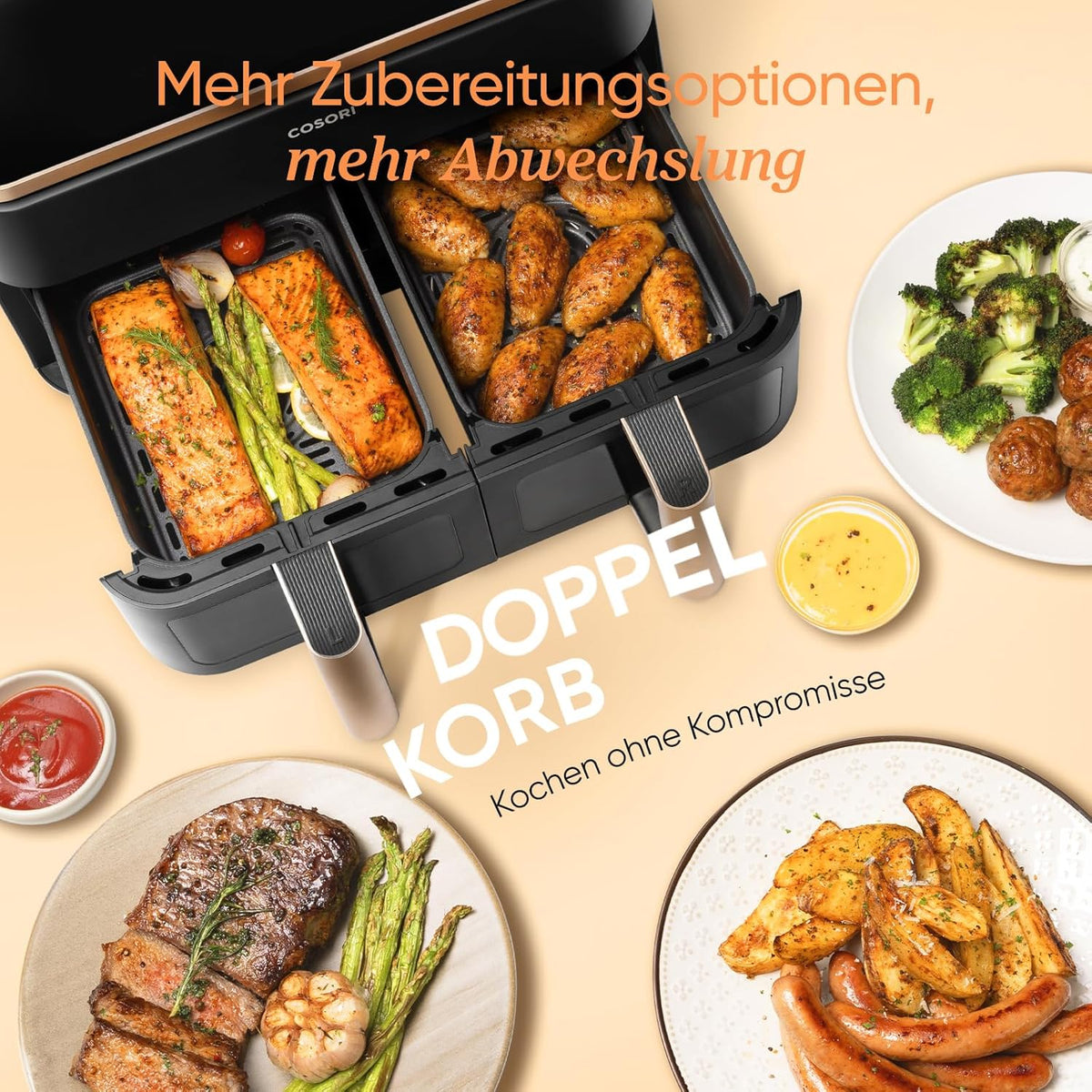 COSORI Heißluftfritteuse 2 Kammern, Airfryer Testsieger der Stiftung Warentest, 6-in-1 Dual Zone Air fryer 8,5 L, Heissluftfritteuse Doppelkammer mit Sichtfenster, energiesparend, Gold