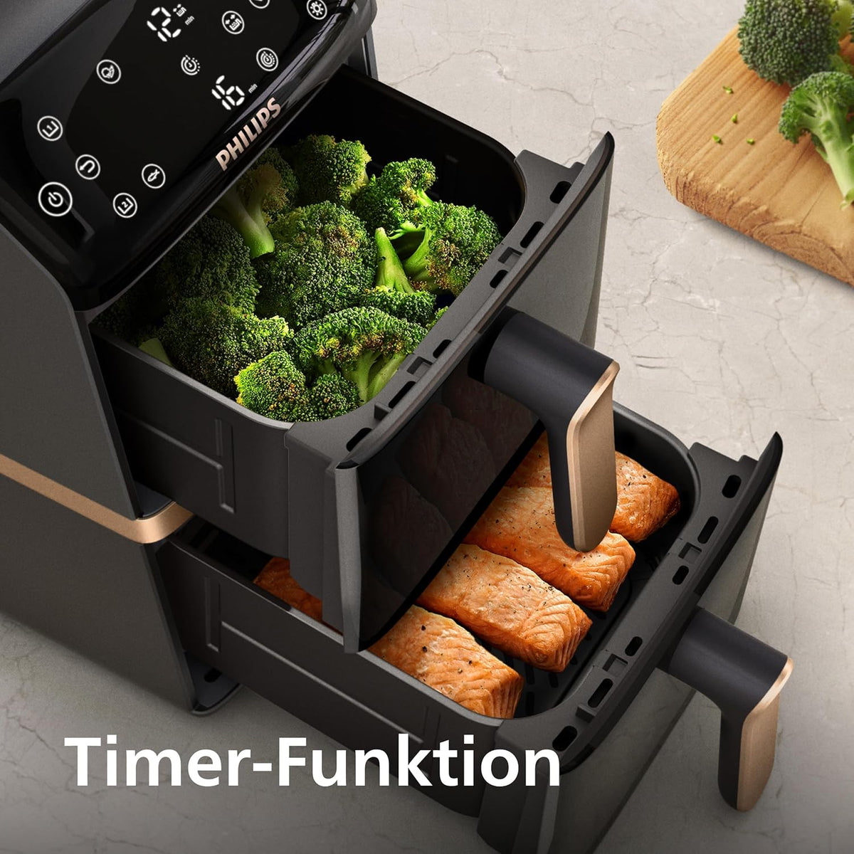 Philips Airfryer 4000 Series Stacked Dual Basket, Gestapelte Heißluftfritteuse mit 2 Körben, 10L, RapidAir Technologie, 45% weniger Platzbedarf, PFAS-freie Keramikbeschichtung, Sichtfenster (NA462/70)