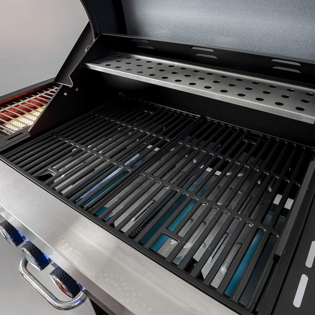 ACTIVA 3 Brenner Gasgrill "Silver Star 400" Grillwagen mit 800 Grad Infrarot Seitenbrenner, Gussrost, Deckelthermometer und zusätzlicher Ablage