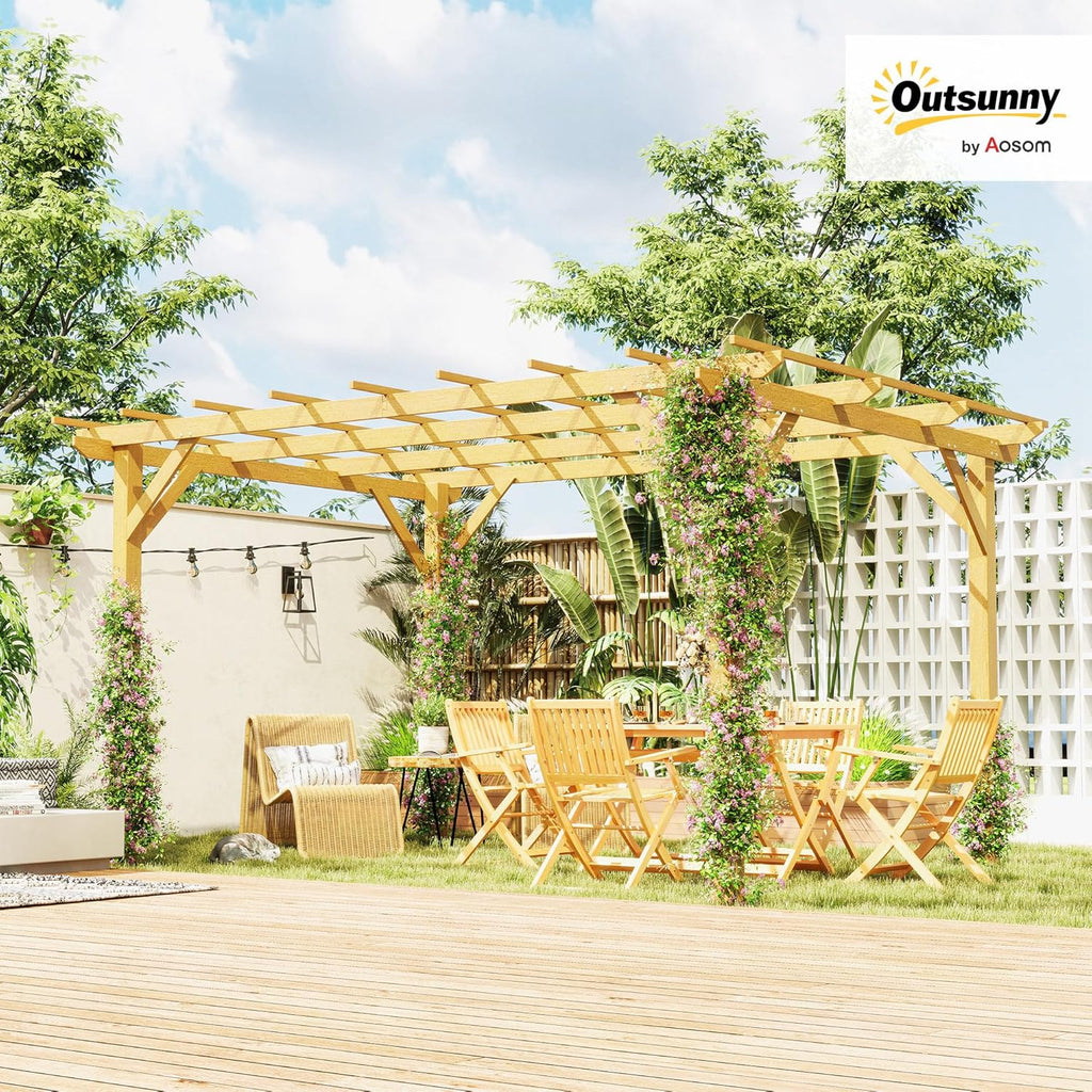 Outsunny Pergola Garten im Freien 3 x 4 m versenkbare Schiebepergola, Holzpergola, Gartenlaube für Kletterreben, Blumen, Rosen, Pergola für Terrasse, Patio, Naturholz