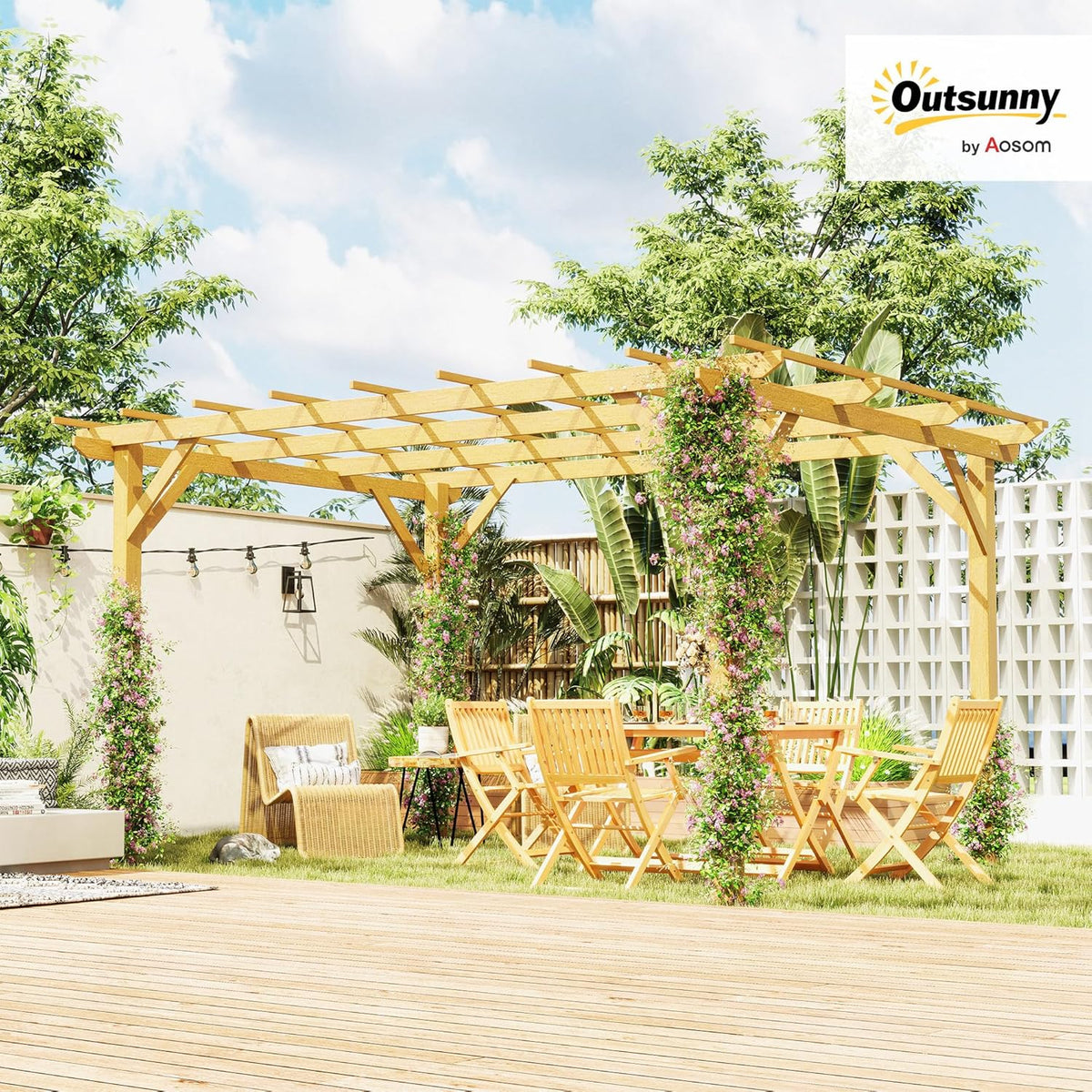 Outsunny Pergola Garten im Freien 3 x 4 m versenkbare Schiebepergola, Holzpergola, Gartenlaube für Kletterreben, Blumen, Rosen, Pergola für Terrasse, Patio, Naturholz