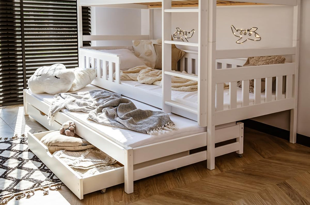 Kids Collective Hochbett 90x200 mit 3 Matratzen, Ausziehbett Etagenbett mit Ausziehfunktion, Zwei Schubladen, Lattenrost, Rausfallschutz umbaubar in DREI Einzelbetten, Vollholz massiv | weiß