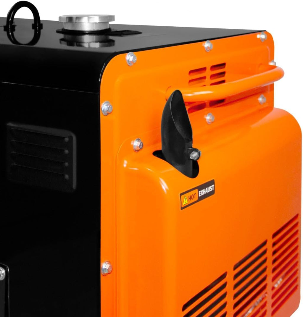 Leiser Dieselgenerator, dreiphasig, ATS, 6,5 kVA, 6500 W, 13 PS, 230 V, 400 V, Elektrostart, geschlossener Rahmen, Notfallstrom, 4 tragbare Räder, schwarzer pulverbeschichteter Stahl, 20 l