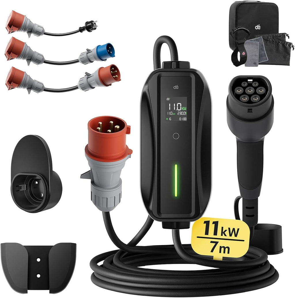 dé Mobile Wallbox/Ladestation 11kW 3-phasig|7m|6-16A] mit Traveller Adapter Set, Ladekabel CEE 16A auf Typ 2 und EV Ladegerät für Model Y/3, ID.3/4/5, MG4, EX30, e-up, e-tron, Zoe und andere EV