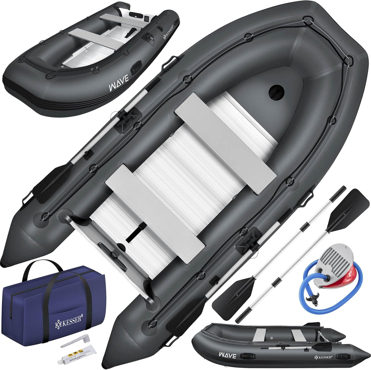 KESSER® Schlauchboot 3,20 m für 4 Personen - Wave Motor geeignet Freizeitboot Paddelboot Motorboot Angelboot - mit 2 Sitzbänken, Reparaturset & Tasche aufblasbar PVC