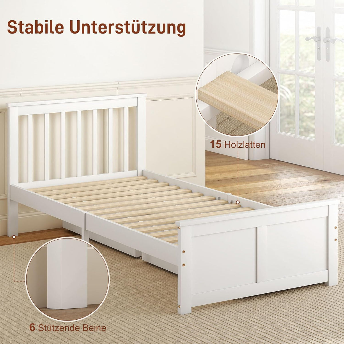 HOMCOM Bett 90 x 200 cm Bettrahmen mit Lattenrost aus Holz, Schublade, Unterbettaufbewahrung, Einzelbett, Holzbett mit Kopfteil, Bettgestell für Schlafzimmer, Gästezimmer, Weiß