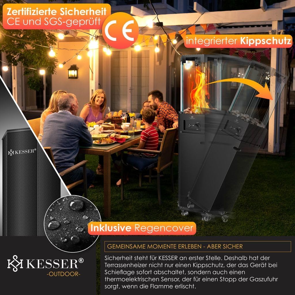 KESSER® Gasheizstrahler 4/8 kW Gas Piezozündung Heizung + Gasdruckregler + Cover, 360° Rollen Kippschutz, Terrassenheizstrahler Gasheizung Gasheizer Outdoor Kamin Mobiler Heizpilz, Heizer, Schwarz