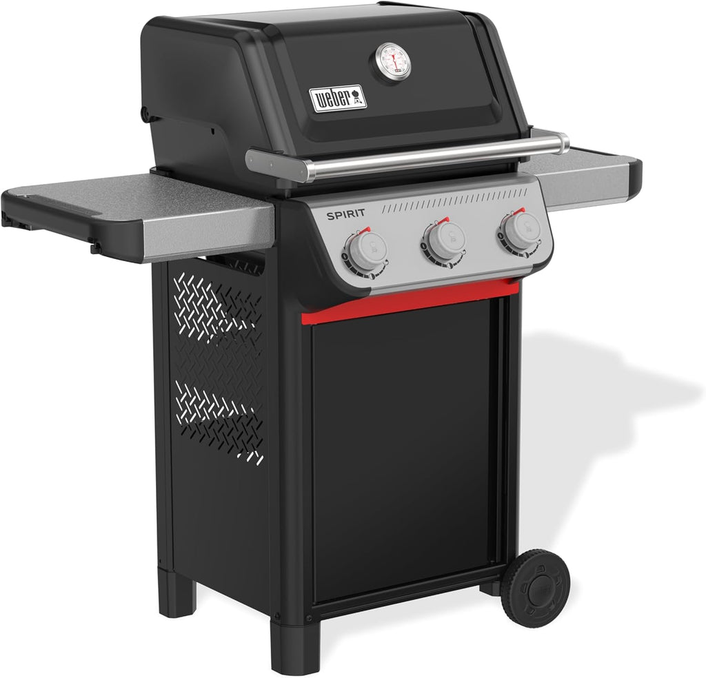 Weber Spirit E-310 Gasgrill / 3 Brenner, Snap-Jet Zündung, Robuste Räder und Warmhalterost, 51 x 46 cm Grillfläche, Kompatibel mit Weber Works Seitenablagen, Schwarz/Silber
