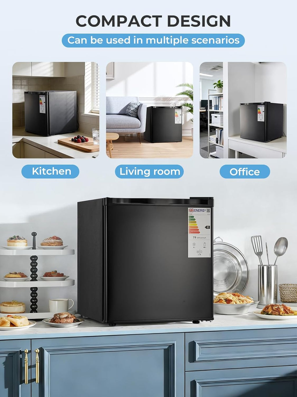 FOHERE Mini Kühlschrank 46L, Kleiner Kühlschrank mit 7-Stufige Kühlung, Energieeffizienter, Superleise, Wechselbarer Türanschlag & Verstellbare Füße, für Hotel, Büro, Kleine Wohnungen,Schwarz