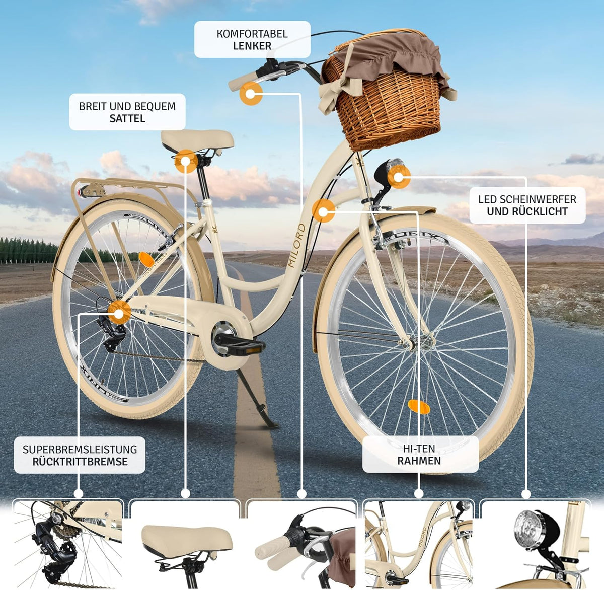 Generic Komfort Fahrrad Citybike Mit Weidenkorb Damenfahrrad Hollandrad, 28 Zoll, Creme-Braun, 7-Gang