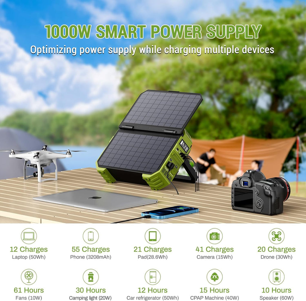 BROWEY Tragbare Power Station mit Solarpanel, 12-40W eigenes Solarladepanel, 614WH, 1000W Nennleistung, 2000W Spitzenleistung Solargenerator für Outdoor-Camping, Caravaning und Notfallvorbereitungen.