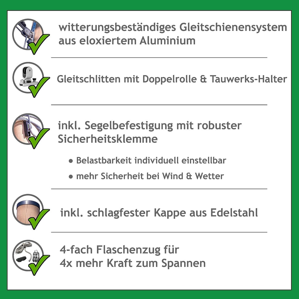 Sonnensegel Holzpfosten Set: aus Robinie höhenverstellbar 3m, inkl. Zubehör - 4-Fach Flaschenzug-Set & 0,75m Bodenhülse | Befestigung für sehr große Segel (100mm) (3er Set)