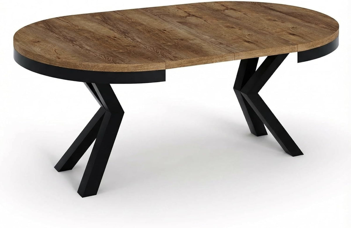 WFL GROUP Runder Ausziehbarer Esstisch im Loft-Stil - Industrieller Tisch mit Schwarzen Metallbeinen - Platzsparender Tisch für Wohnzimmer - Lefkas Eiche - 100 bis 180 cm