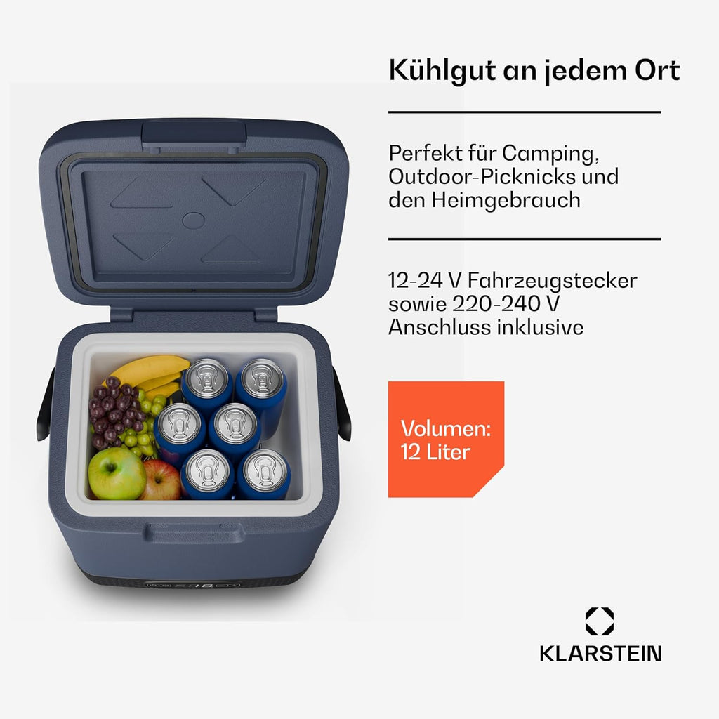 Klarstein SwiftFrost 12L Kompressor Kühlbox mit Gefrierfach – tragbare elektrische Kühlbox, LED-Anzeige, Dual Power (12 V/230 V), –20 °C bis 20 °C, ECO- und MAX-Modus, ideal für Camping und Auto