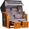 Strandkorb Ostsee Wacholder PE Schwarz (Dessin Royal Grau) | 2 Sitzer-Strandkorb wetterfest | Volllieger Hartholz Zweisitzer | Strandkörbe Balkon | Beach Chair Garten