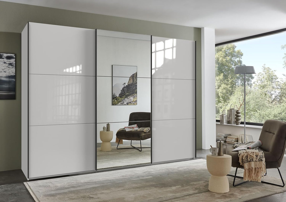 Schwebetürenschrank 3-türig B300/H216/T65 cm Weiß m. Glasfront, Spiegel, schwarzen Griffleisten, inkl. Selbsteinzug, Kleiderschrank m.Einlegeböden, Kleiderstangen, Schubladen, Wäscheeinteilung / 22039