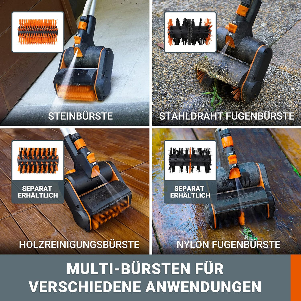 WORX WG441E Akku-Multi-Bürste 20V -multifunktionale Oberflächenbürste für Stein-& Holfzflächenreinigung & Unkrautentfernung -integrierter Wasseranschluss - inkl. 4Ah PowerShare Akku & Schnellladegerät
