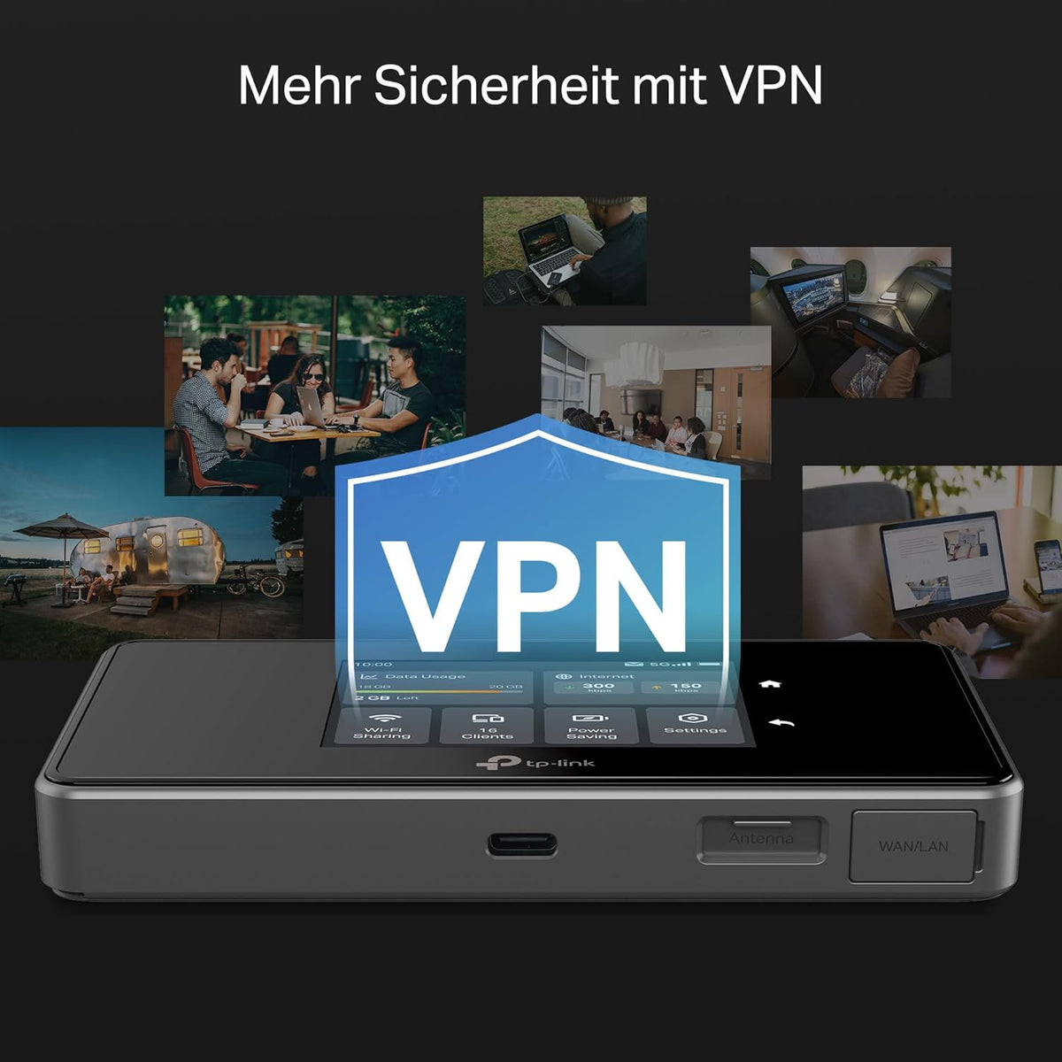TP-Link M8550 5G LTE Mobiler WLAN Router – Bis zu 3,4 Gbit/s, Tri-Band Wi-Fi 6E, Nano-SIM-Karten Slot, Gigabit WAN/LAN, 4680 mAh Akku, Touchscreen, Wireguard, bis zu 32 Geräte