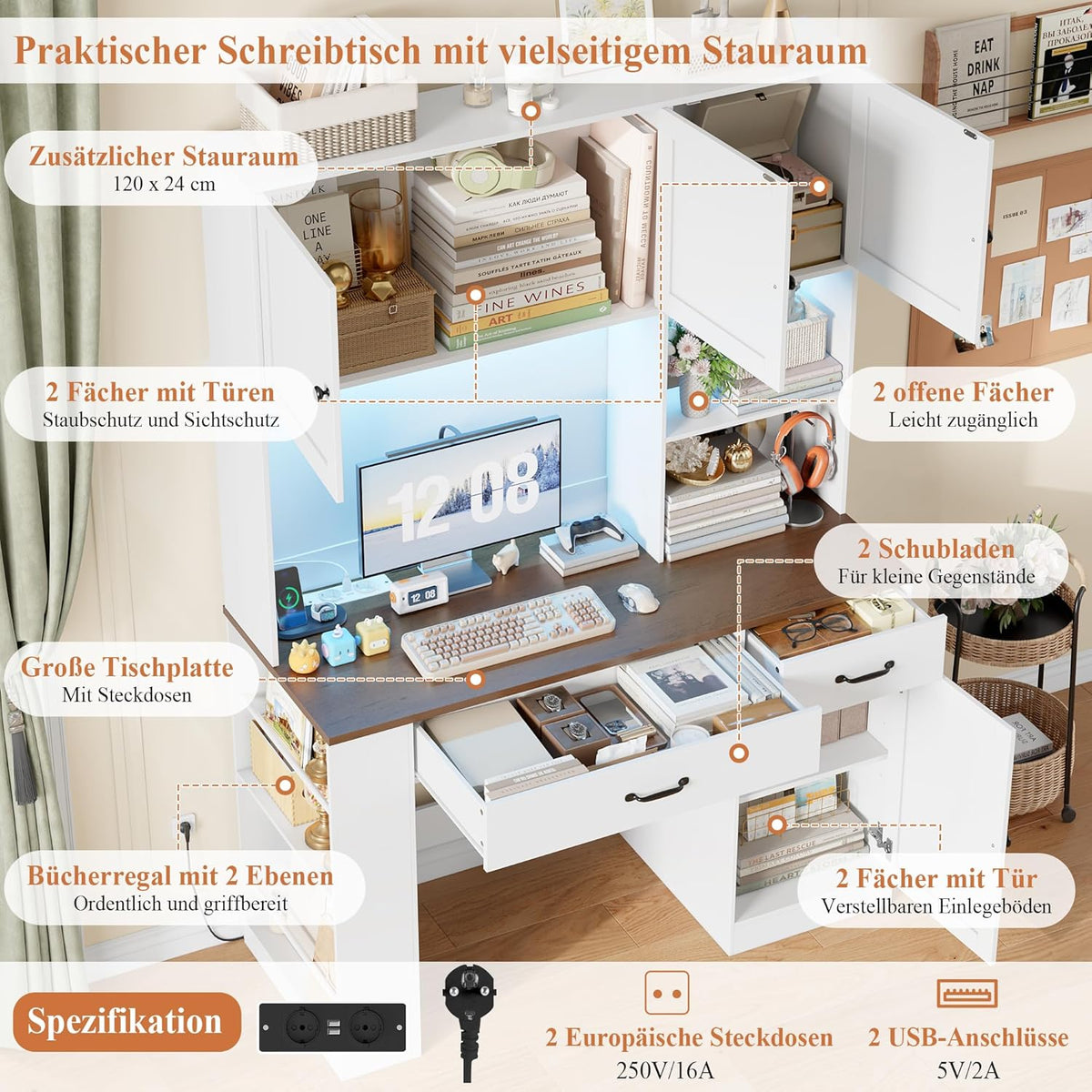 FirFurd 180cm hohe Schreibtisch mit Schubladen und Bücherregal, Computertisch aus Holz mit LED & Steckdosenleiste, Bürotisch PC-Tisch Möbel für Arbeitszimmmr, Büro, Kinderzimmer 180x120x50cm Weiß