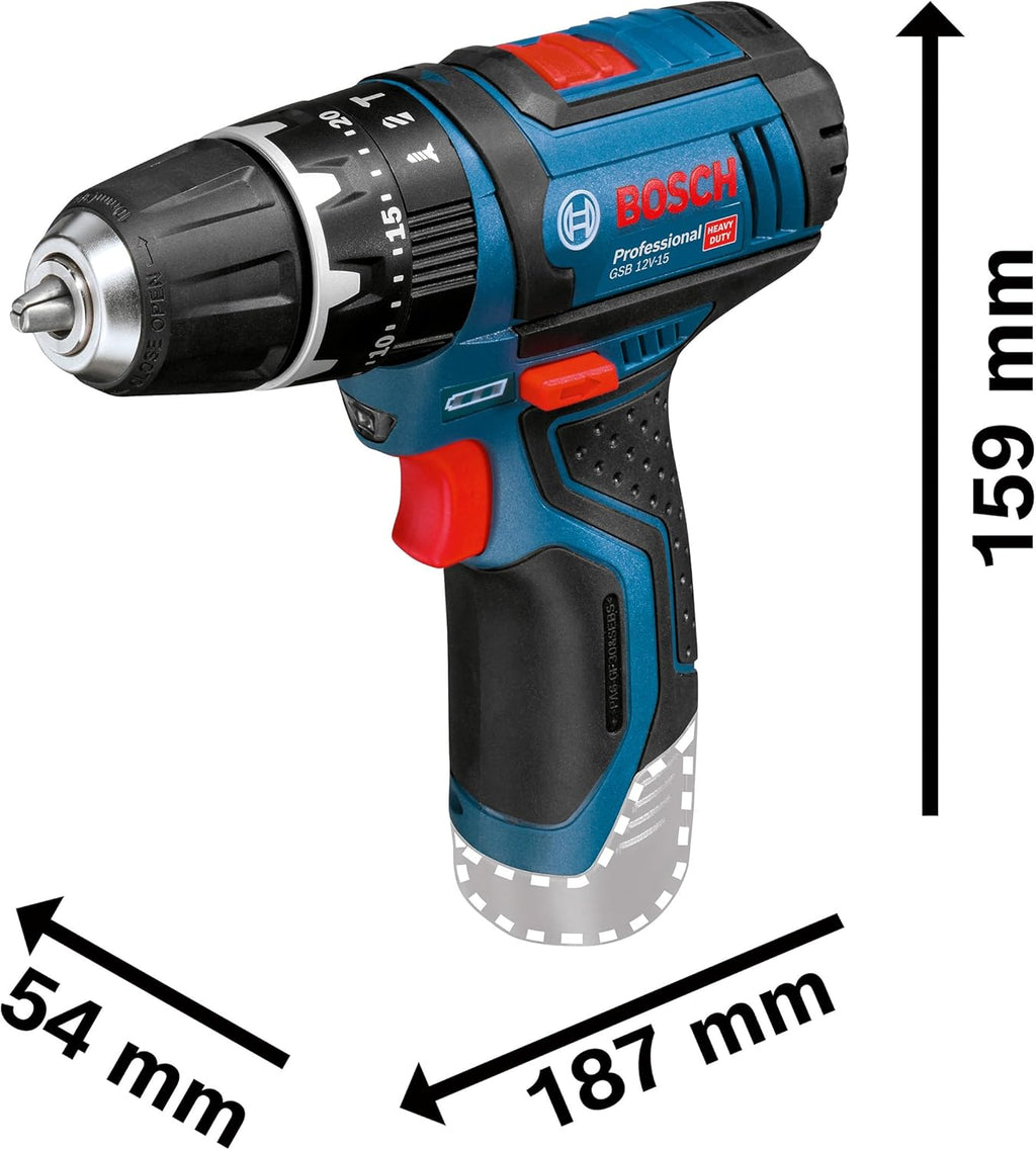 Bosch Professional 12V System Akku Schlagbohrschrauber GSB 12V-15 (Bohr-Ø Holz max: 19 mm, inkl. 2x 2.0Ah Akku + Ladegerät, 2x Bohrer-Set, 1x Bit-Set, Werkzeugtasche) - Amazon Exclusive