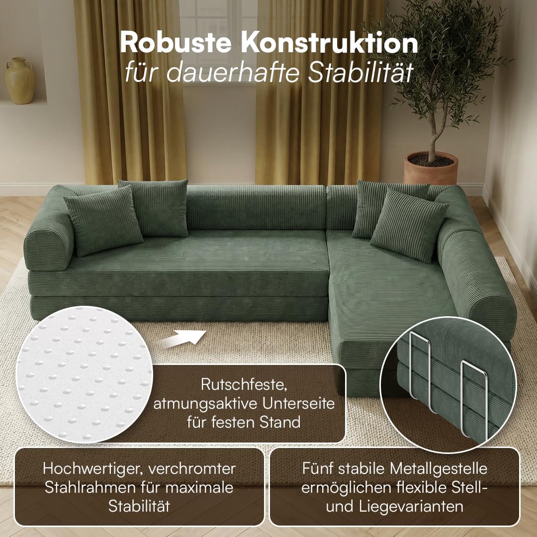 skølm Lofn Ecksofa 4 Sitzer – Wohnlandschaft L-Form Cord – Klappsofa 300cm breit Dunkelgrün – ausklappbar zum Schlafsofa, Bodensofa – Vollschaum Sofa mit 4 Kissen & Stahlgestell – Cloud Couch boneless | ohne Aufbau