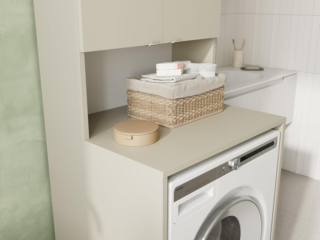 PLATAN ROOM Waschmaschinenschrank Badezimmer Hochschrank Überbauschrank für Waschmaschine und Wäschetrockner 210 x 65 x 50/56 cm weiß (Kaschmir (beige), 56 cm tief)