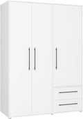 FORTE Jupiter Schrank 140 150, weißer Kleiderschrank, Drehtürenschrank, 3-türig, mit 2 Schubladen und Einlegeböden, Weiß, 145 cm breit x 59 cm tief x 200 cm hoch