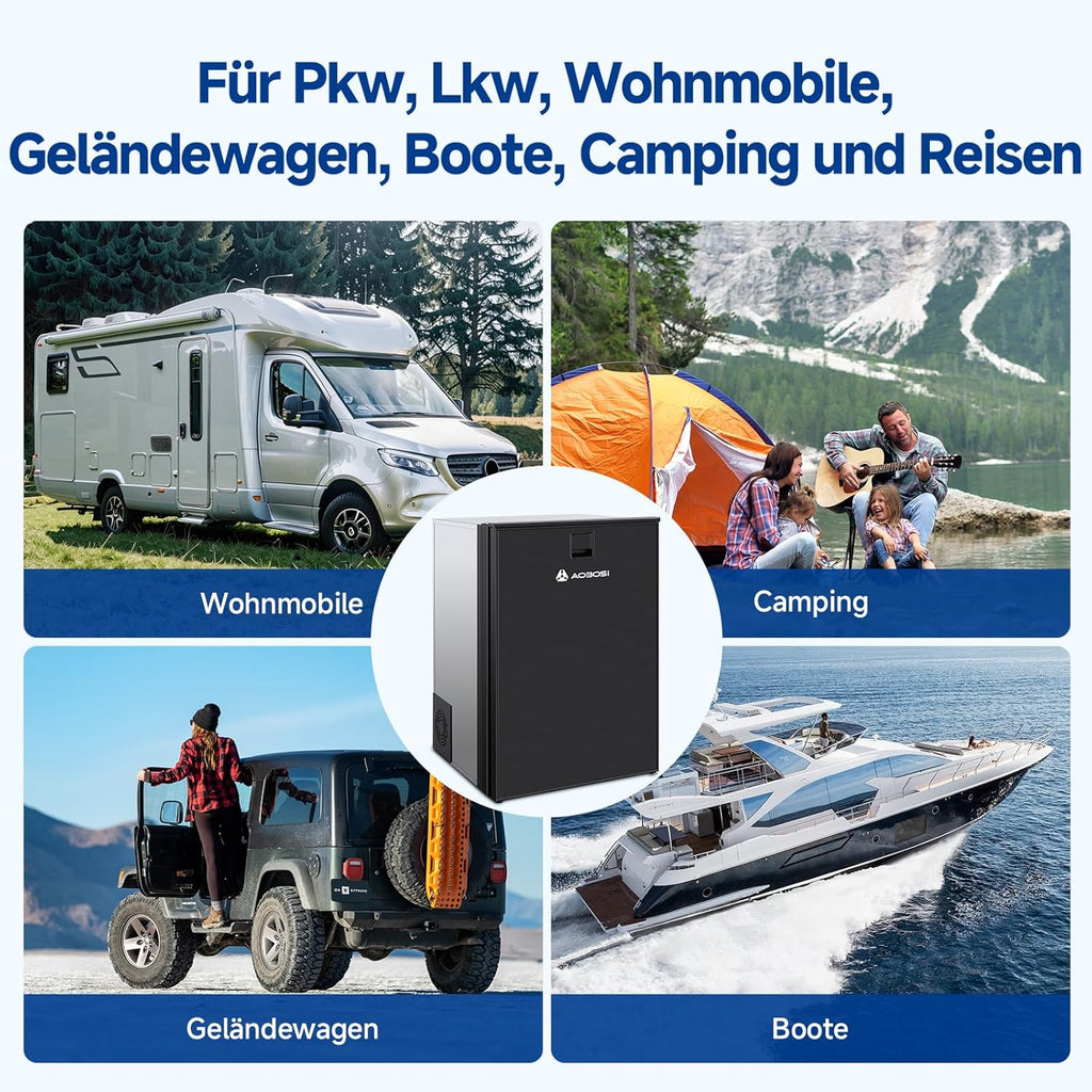 AAOBOSI 110L Kompressor Kühlbox, Zwei Temperaturzonen, Wohnmobil Kühlschrank mit LED-Leuchten, 12/24V DC, Großem Fassungsvermögen Kühlbox Auto, bis -15℃ für Auto, Wohnmobile, Boote, Camping und Reisen