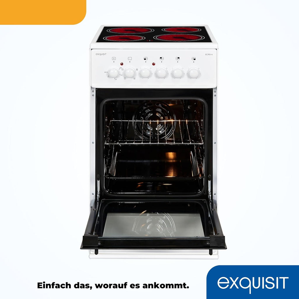 Exquisit Standherd, Standherd 50cm mit Glaskeramik Kochfeld, Ober- / Unterhitze, Backofen mit Umluft & Grill, Elektroherd freistehend 50 cm weiß, ECM 5-4-1