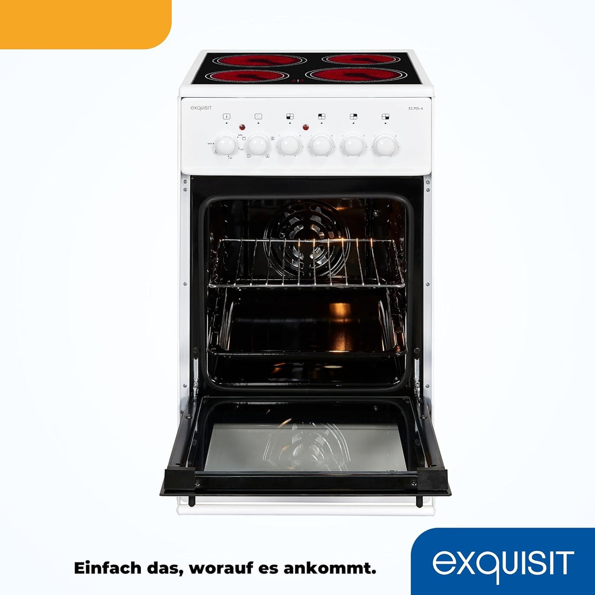 Exquisit Standherd, Standherd 50cm mit Glaskeramik Kochfeld, Ober- / Unterhitze, Backofen mit Umluft & Grill, Elektroherd freistehend 50 cm weiß, ECM 5-4-1