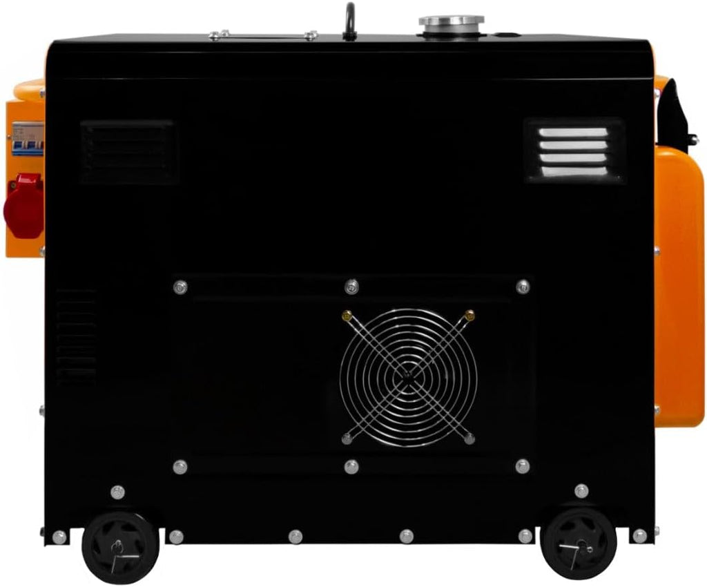 Leiser Dieselgenerator, dreiphasig, ATS, 6,5 kVA, 6500 W, 13 PS, 230 V, 400 V, Elektrostart, geschlossener Rahmen, Notfallstrom, 4 tragbare Räder, schwarzer pulverbeschichteter Stahl, 20 l