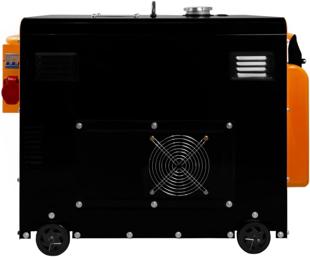 Leiser Dieselgenerator, dreiphasig, ATS, 6,5 kVA, 6500 W, 13 PS, 230 V, 400 V, Elektrostart, geschlossener Rahmen, Notfallstrom, 4 tragbare Räder, schwarzer pulverbeschichteter Stahl, 20 l