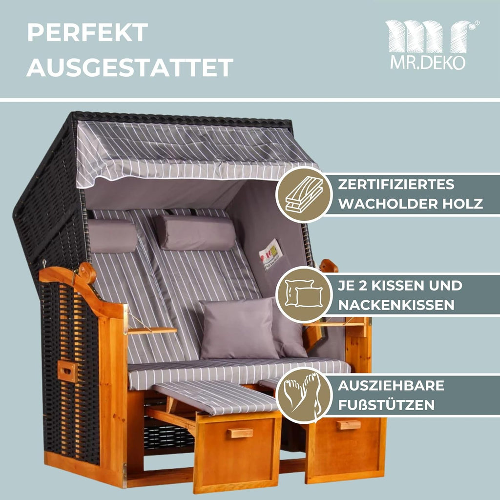 Strandkorb Ostsee Wacholder PE Schwarz (Dessin Royal Grau) | 2 Sitzer-Strandkorb wetterfest | Volllieger Hartholz Zweisitzer | Strandkörbe Balkon | Beach Chair Garten