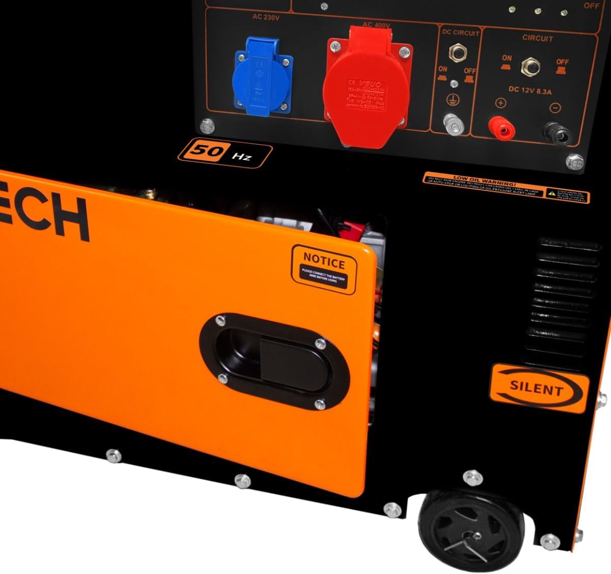 Leiser Dieselgenerator, dreiphasig, ATS, 6,5 kVA, 6500 W, 13 PS, 230 V, 400 V, Elektrostart, geschlossener Rahmen, Notfallstrom, 4 tragbare Räder, schwarzer pulverbeschichteter Stahl, 20 l