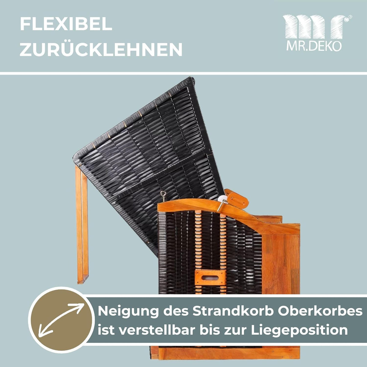 Strandkorb Ostsee Wacholder PE Schwarz (Dessin Royal Grau) | 2 Sitzer-Strandkorb wetterfest | Volllieger Hartholz Zweisitzer | Strandkörbe Balkon | Beach Chair Garten