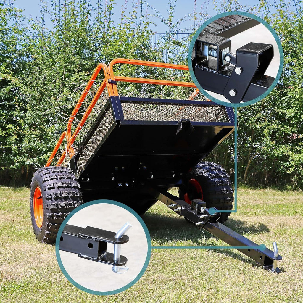 Wiltec Kippanhänger bis 680 kg für Rasentraktor, Anhänger Kipper 216 x 122 x 76,2 cm mit Gitter u. abnehmbaren Seitenwänden, Anhänger mit Kippfunktion
