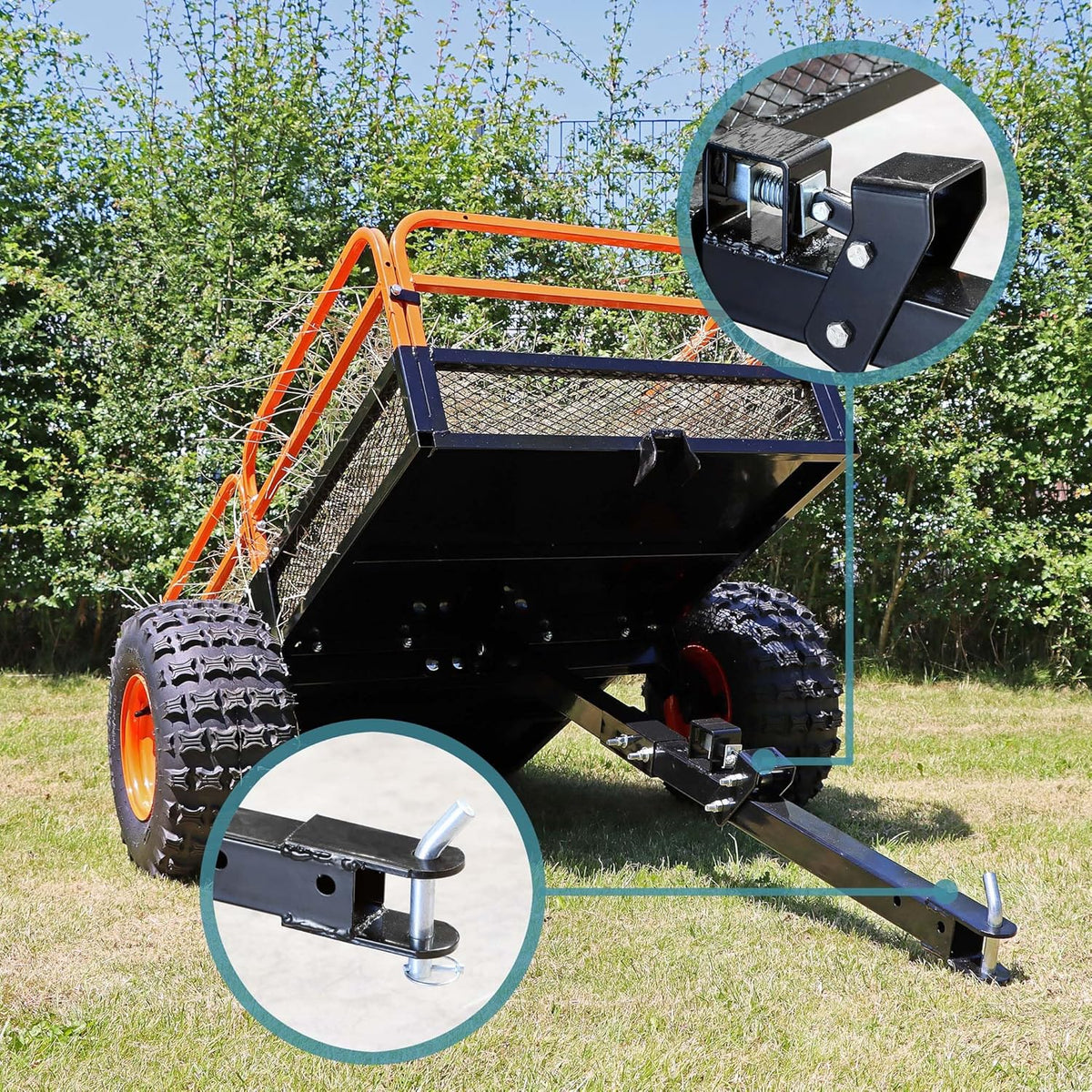 Wiltec Kippanhänger bis 680 kg für Rasentraktor, Anhänger Kipper 216 x 122 x 76,2 cm mit Gitter u. abnehmbaren Seitenwänden, Anhänger mit Kippfunktion