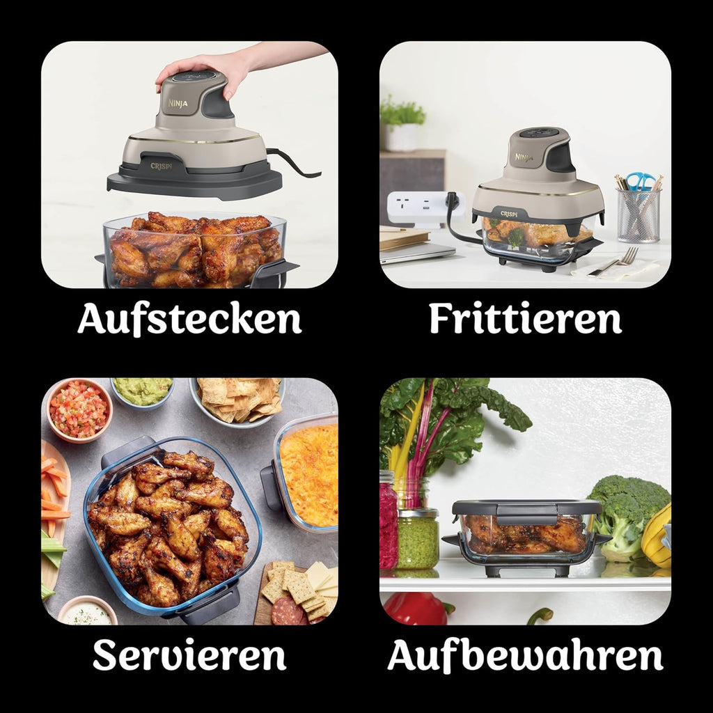 Ninja CRISPi tragbare Air fryer Heißluftfritteuse, 3,8 l, 4-in-1: Heißluftfrittieren, Braten, Warmhalten, Recrisp, 6 Portionen, 2x herausnehmbare Glasbehälter & Deckel, 1700 W, Stone Gold FN101EUSTGD