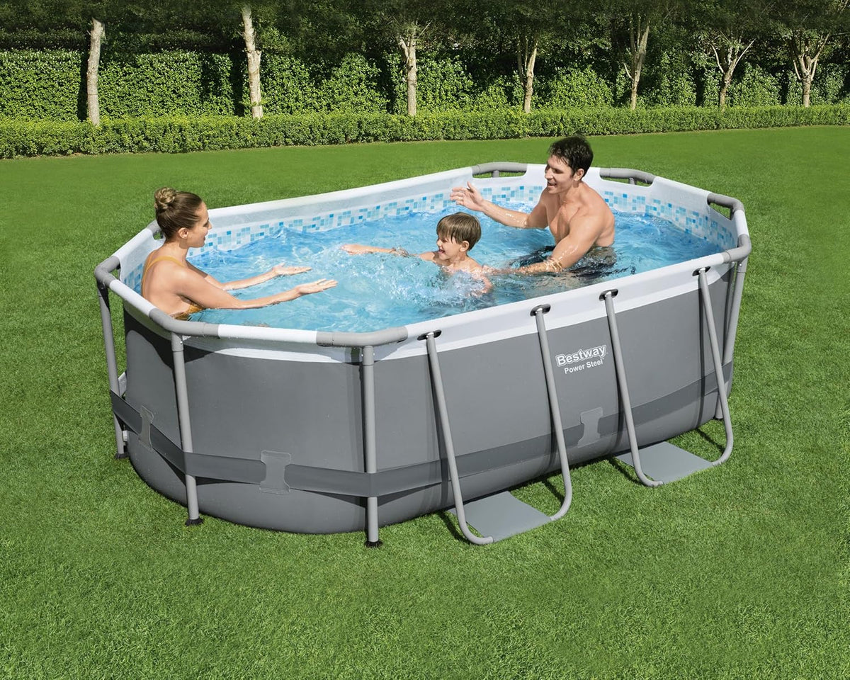 Bestway Power Steel Frame Pool Set, oval, mit Filterpumpe 305 x 200 x 84 cm, grau, 5614A