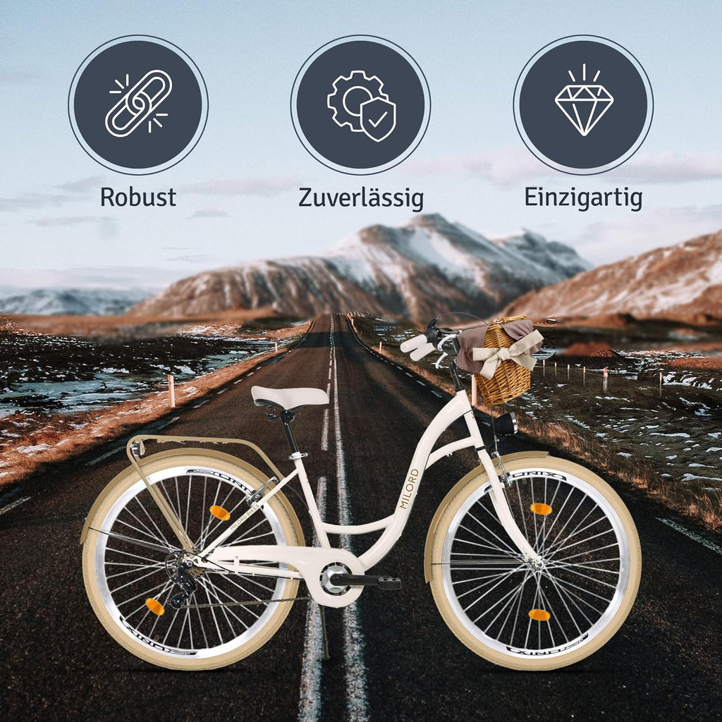 Generic Komfort Fahrrad Citybike Mit Weidenkorb Damenfahrrad Hollandrad, 28 Zoll, Creme-Braun, 7-Gang