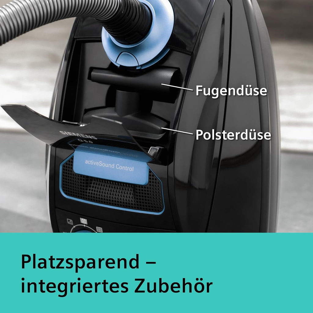 Siemens Staubsauger mit Beutel Q5.0 Extreme silencePower VSQ5X1232, für Allergiker, Hygiene-Filter, Starke Saugleistung auf Parkett, Teppich und Fliesen, langes Kabel, Made in Germany, 850 W, schwarz
