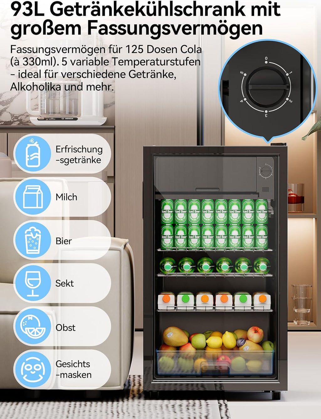 Devoko Getränkekühlschrank mit Glast,93L Minikühlschrank,mit RGB LED Lichtern,verstellbare Einlegeböden, Indoor/Outdoor,für zu Hause, Büro, Partys & Gastro,Minibar, Kühlschrank Schwarz