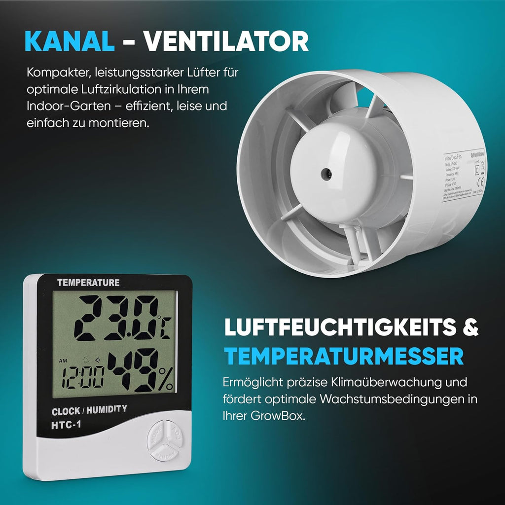 Growzelt Komplettset – Indoor Gewächshaus mit 150W Vollspektrum LED Lampe (Dimmbar), 1680D, Carbon-Filter, Inline-Kanalventilator, Abluftschlauch (80x80x180cm)